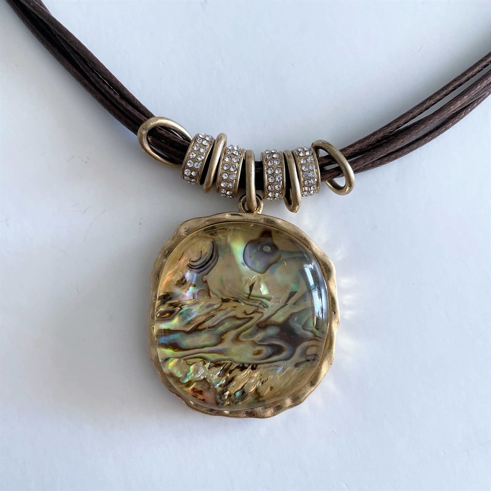 Lydell NYC Women's Brown Leather Necklace - Gold & Abalone Pendant - Picture 3 of 9